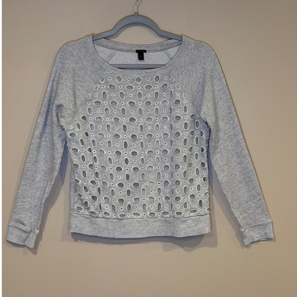 J. Crew Womens Sweatshirt Grey XS Eyelet Silk‎ Lined Cotton Pullover 44933